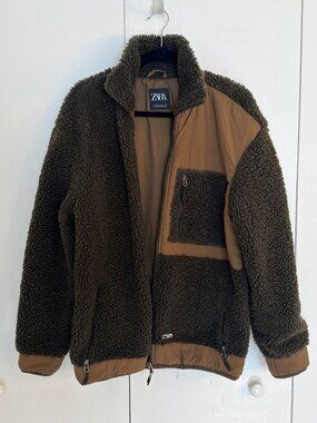 Zara Men's Sherpa Colorblock Quilted Jacket Olive Green Mountain Patch Size M